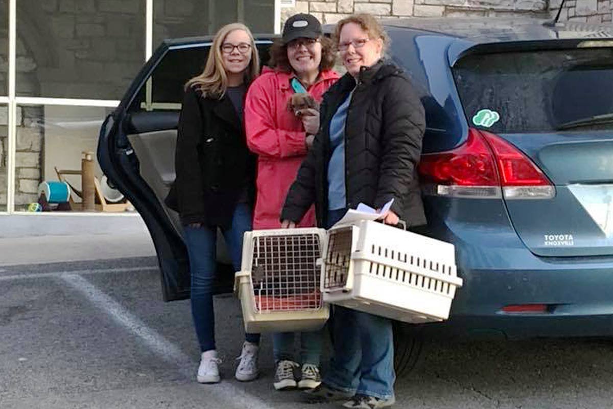 Three women standing by an open car door holding pet carriers