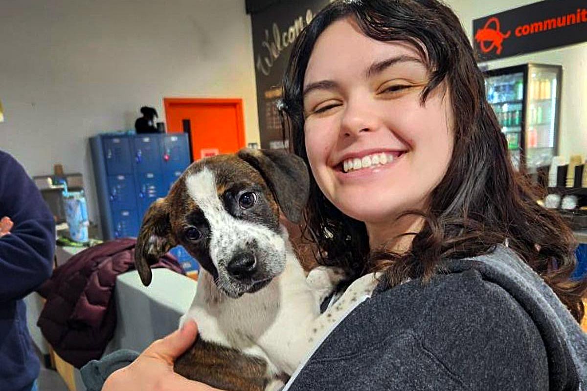 A staff member cuddles a cute puppy